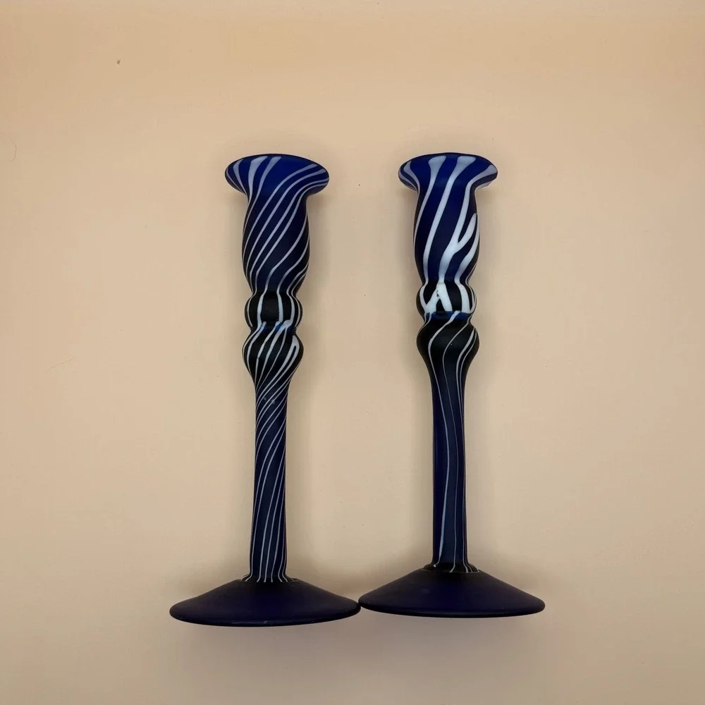 Vintage Cobalt Blue White Swirl Art Glass Candlestick Holders Set of 2 Frosted
